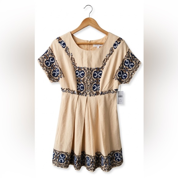 Anthropologie Dresses & Skirts - NWT• Korvilas Yulia for Anthropologie Embroidered Boho Mini Dress Cream Blue 2P